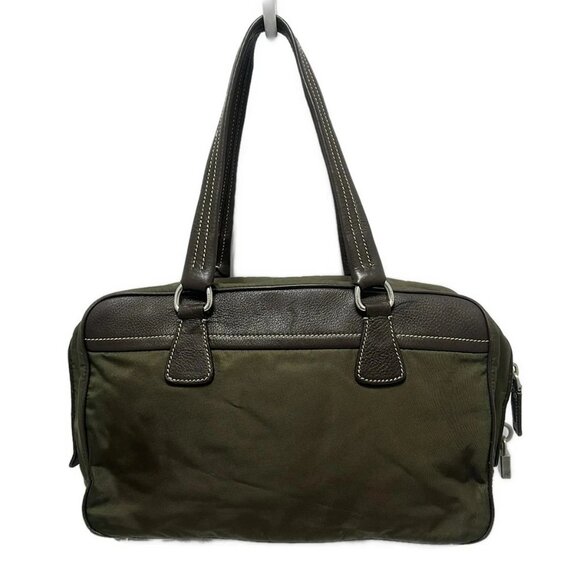 PRADA Khaki Dark Brown Nylon Leather Shoulder Bag 412-090325 - Picture 2 of 8